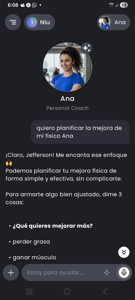 Conversación con Ana, tu Coach de NiuFit, planificando tu mejora física